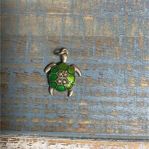 Turtle Pendant Charm Green & Silver Metal